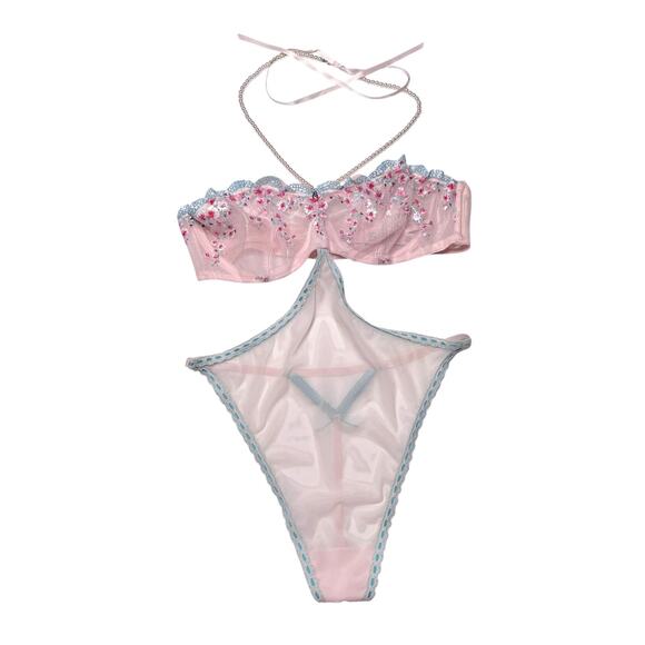 Victoria's Secret Cherry Blossom Embroidery Pearl Halter Teddy Size Large - Picture 7 of 7